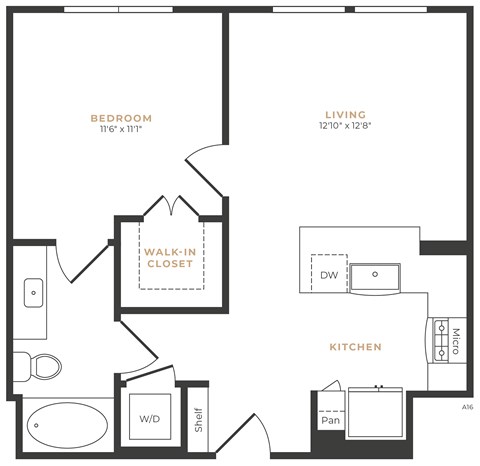 Floor plan for 1 bed, 1 bath, 655 sqft